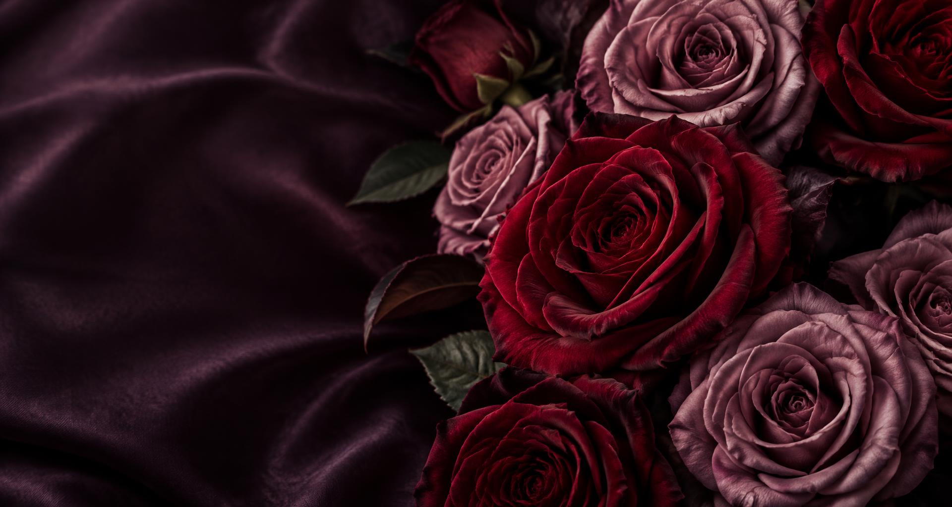 Velvet crimson and mauve roses on silk