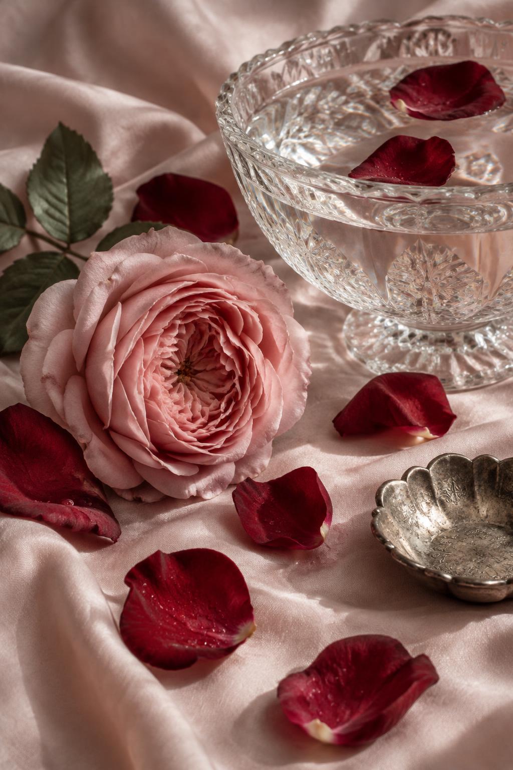 A garden rose, crystal water and scattered petals on silk