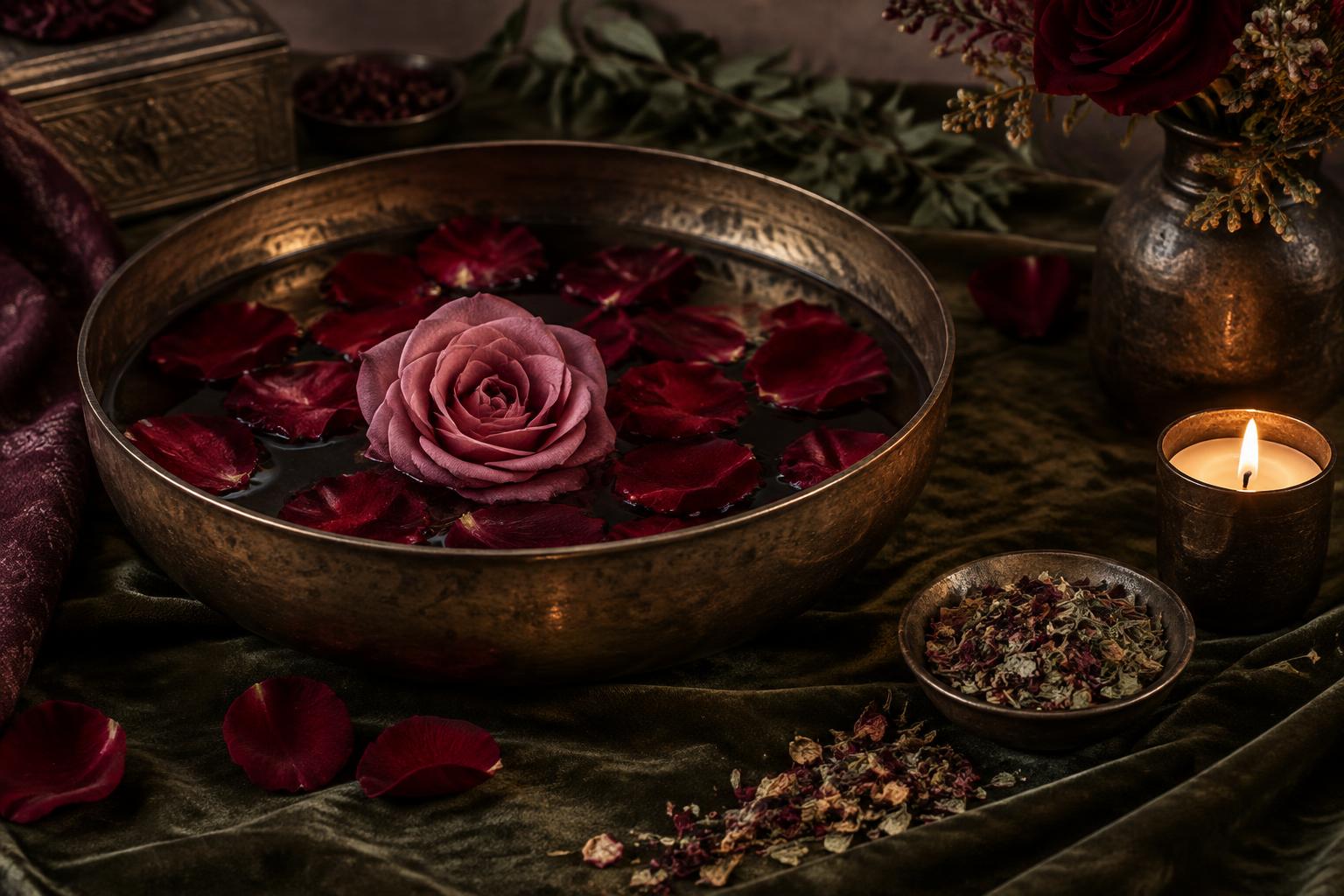 Rose petals and a pink rose in a bronze ritual bowl beside a candle